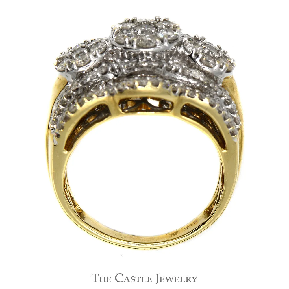 3cttw Triple Round Cluster Ring with Baguette Cut Accents in Tapered 10k Yellow Gold Mounting