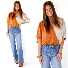 A Lister Color Block Bodysuit with Half Sleeves in Beige and Copper