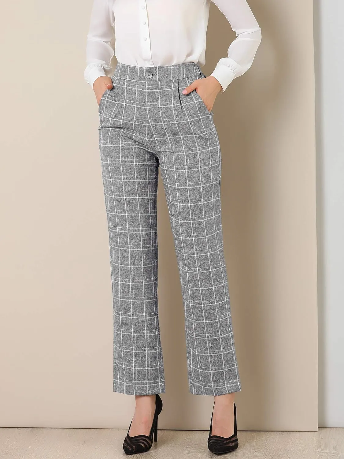 Allegra K Women's Plaid Pants Elastic Waist Casual Work Office Long Trousers