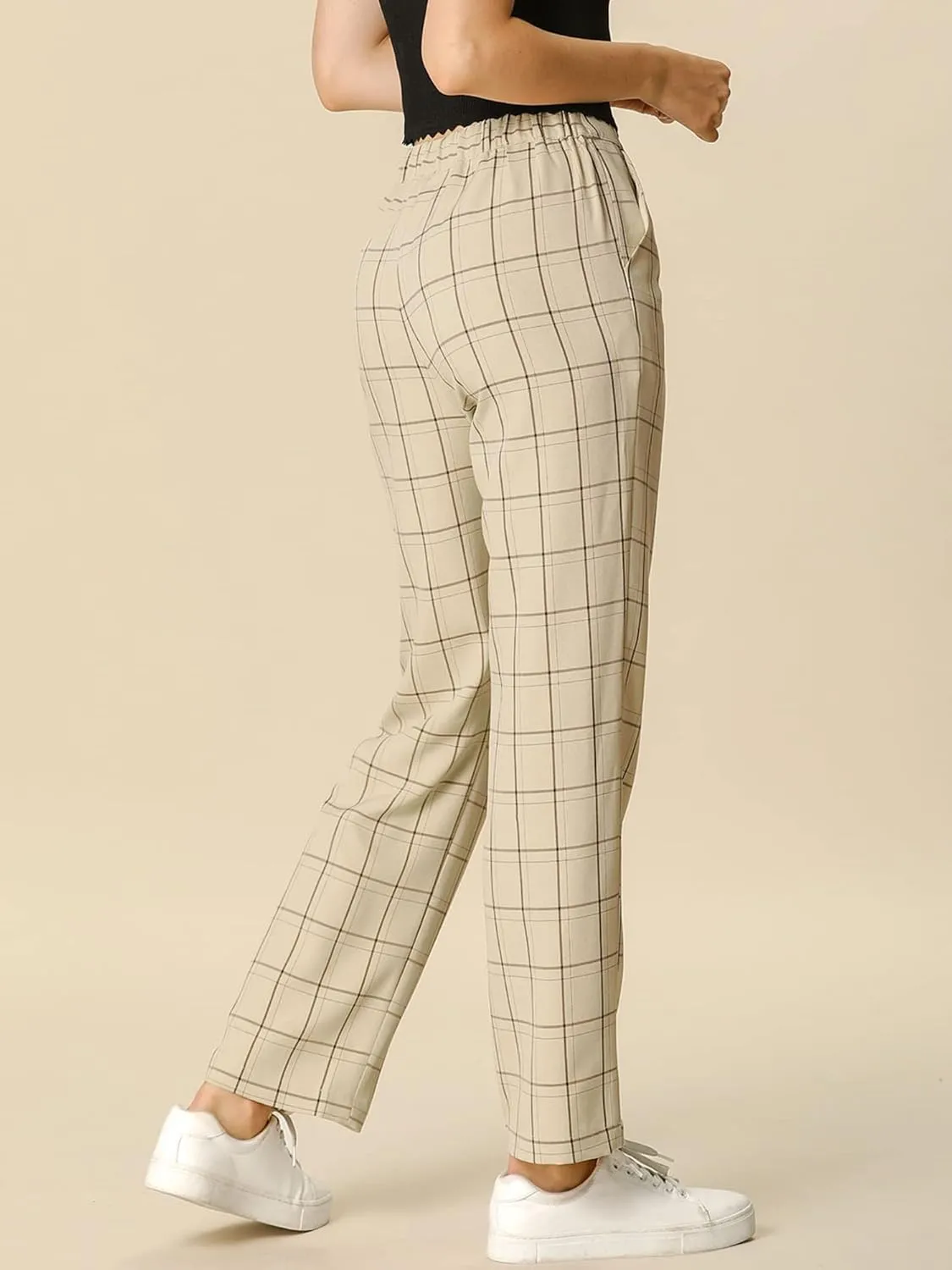 Allegra K Women's Plaid Pants Elastic Waist Casual Work Office Long Trousers