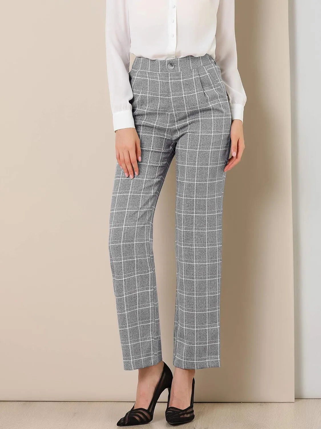 Allegra K Women's Plaid Pants Elastic Waist Casual Work Office Long Trousers