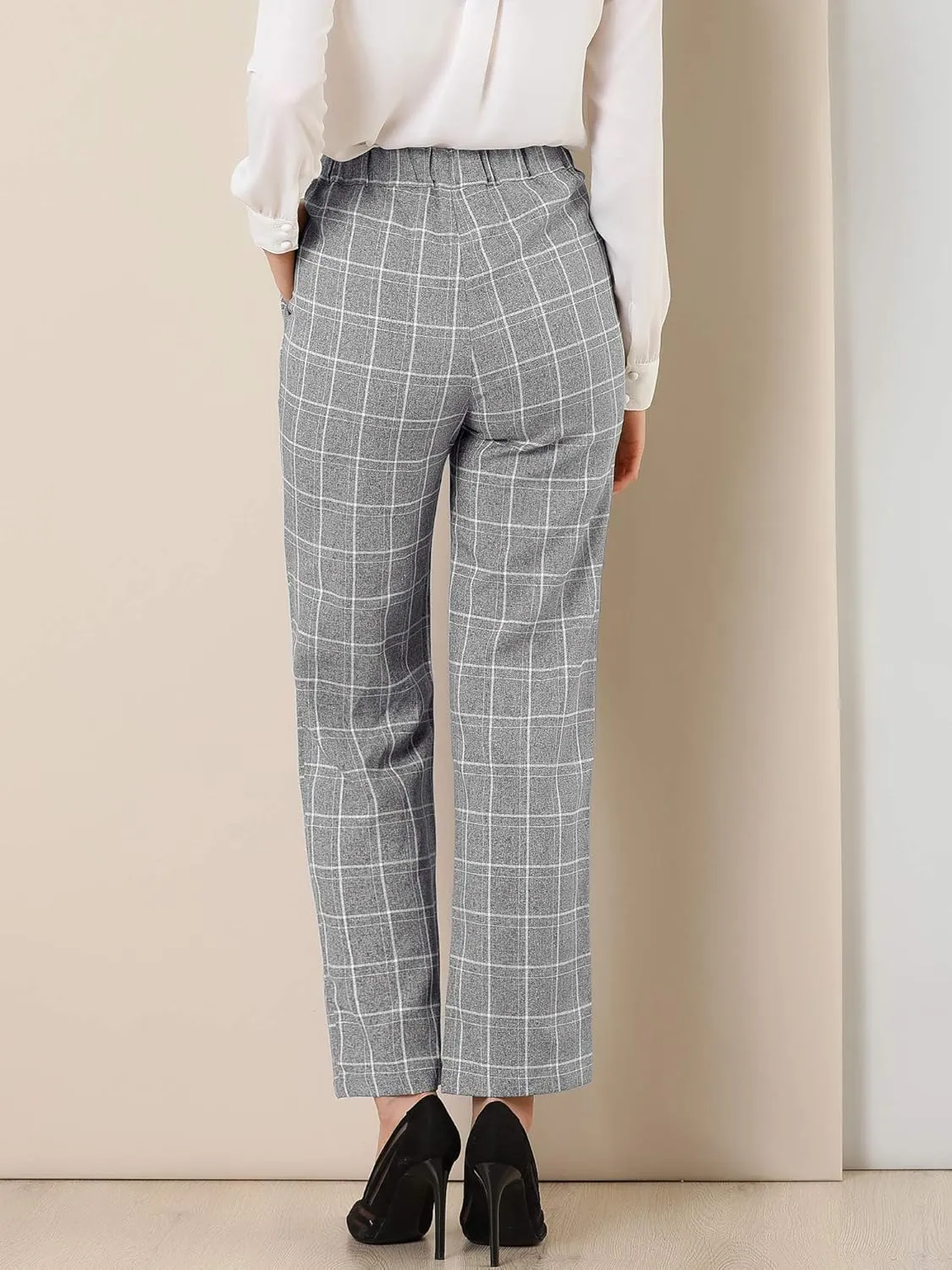 Allegra K Women's Plaid Pants Elastic Waist Casual Work Office Long Trousers