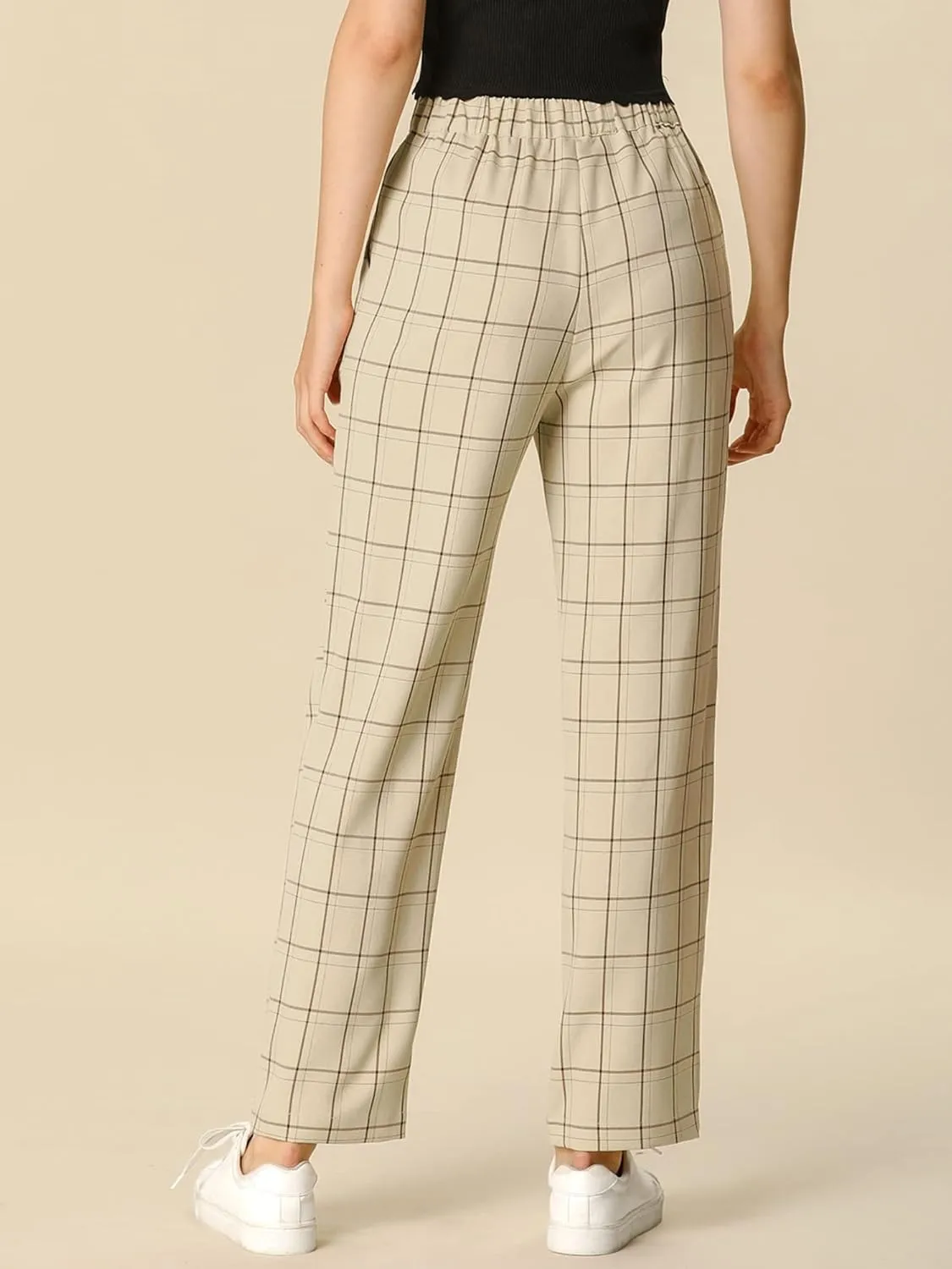 Allegra K Women's Plaid Pants Elastic Waist Casual Work Office Long Trousers