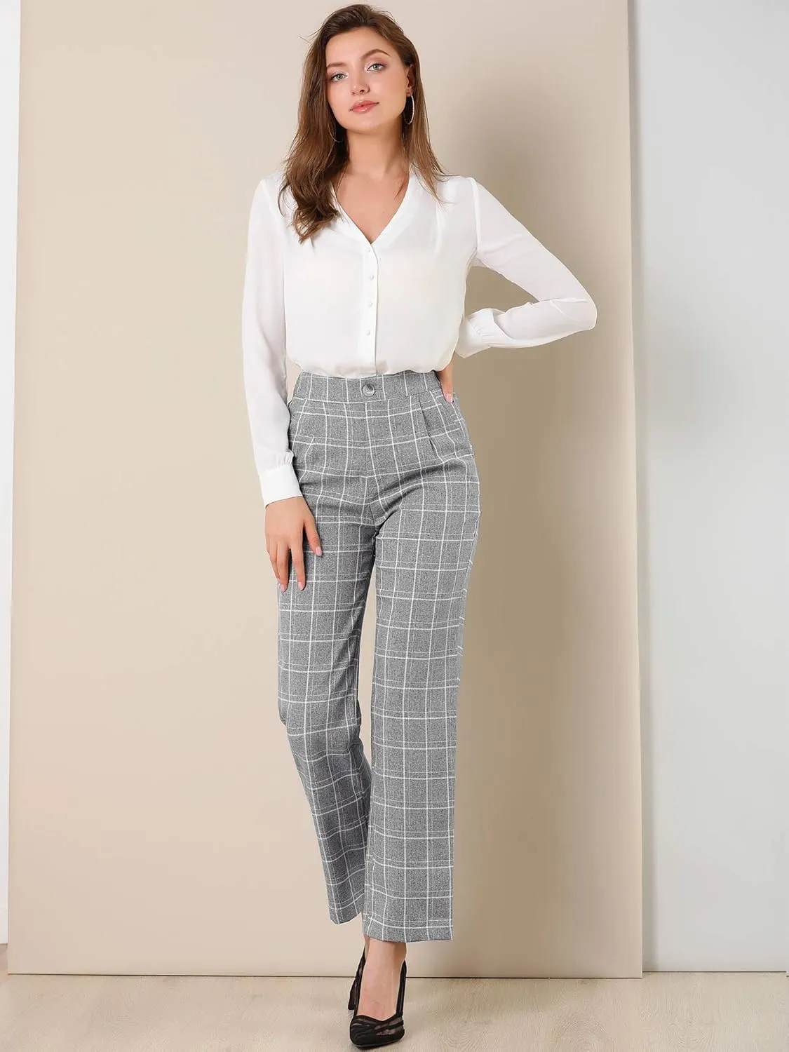 Allegra K Women's Plaid Pants Elastic Waist Casual Work Office Long Trousers