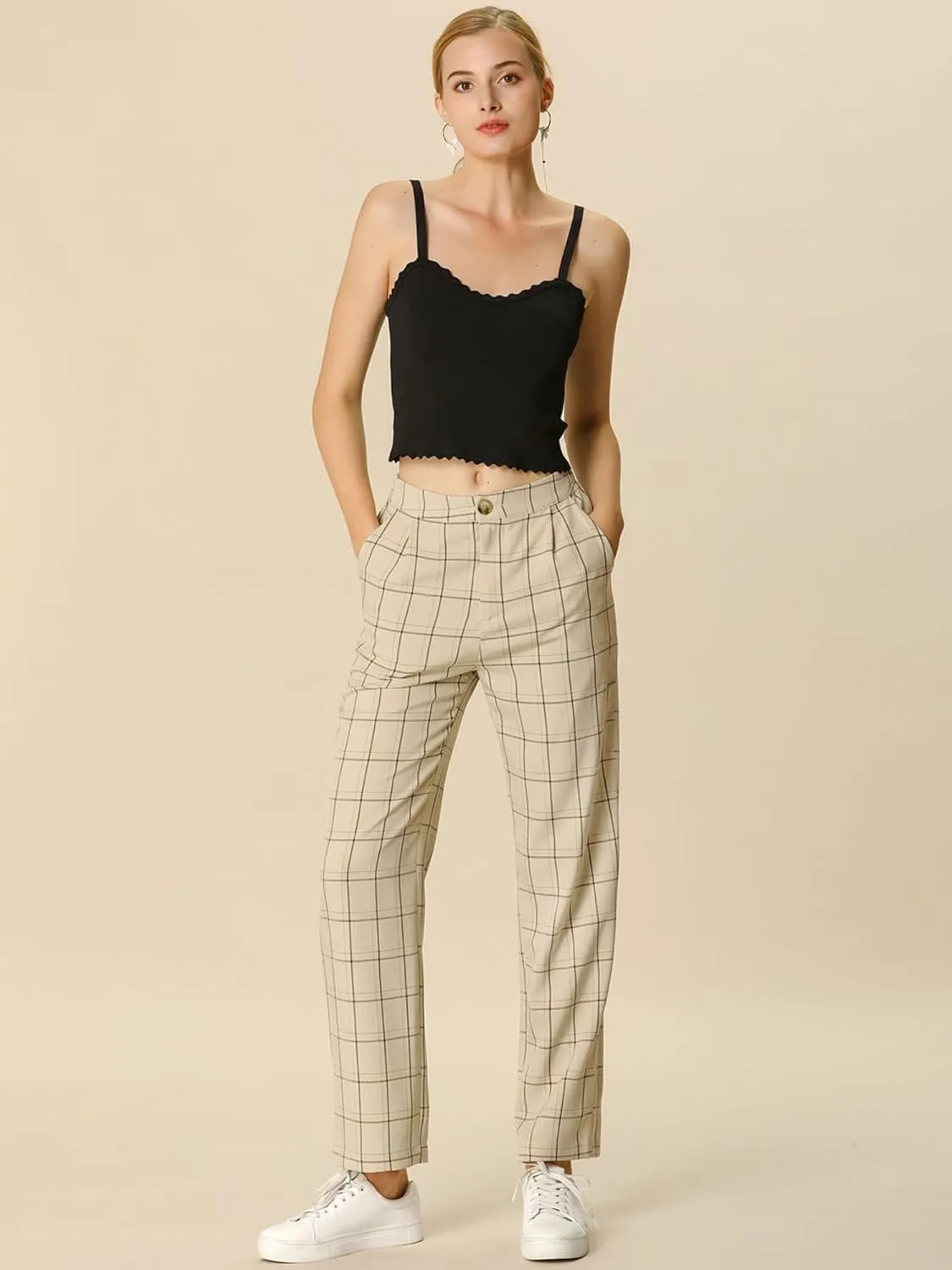 Allegra K Women's Plaid Pants Elastic Waist Casual Work Office Long Trousers