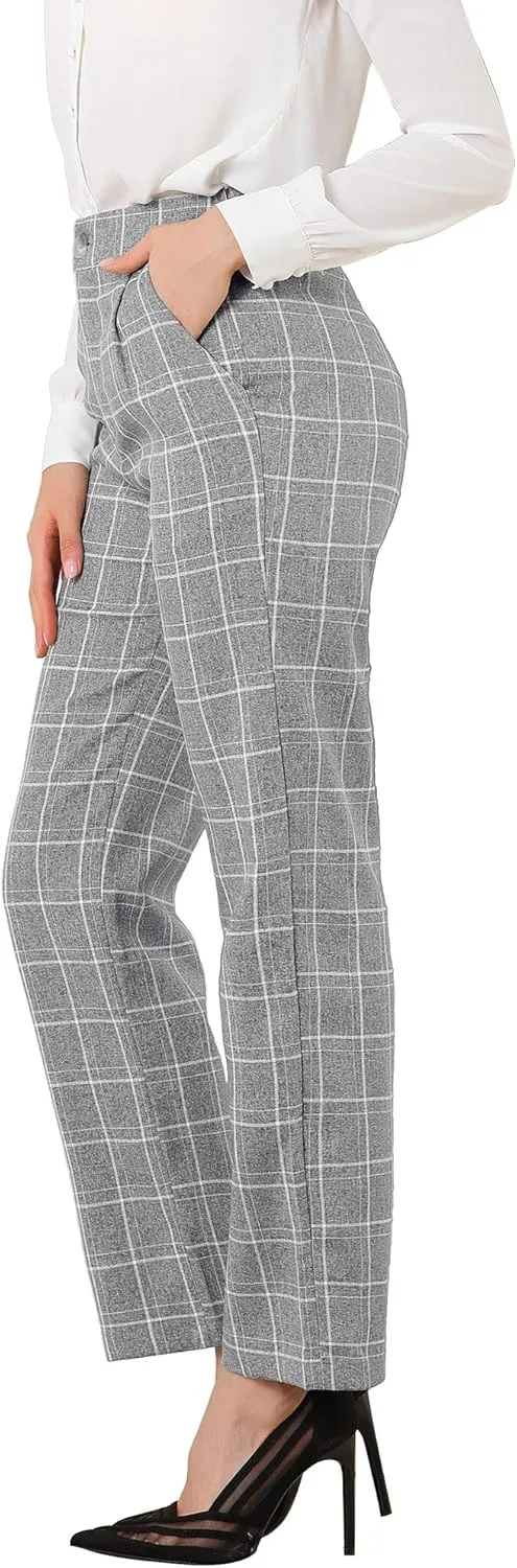 Allegra K Women's Plaid Pants Elastic Waist Casual Work Office Long Trousers
