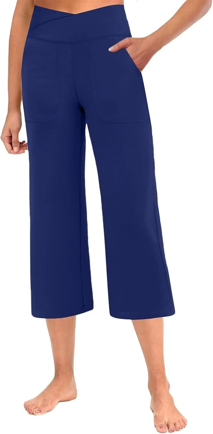 Capri Pants for Women Trendy Wide Leg Yoga Dress Capris with Pockets Cross Loose Casual Work Crop Pants