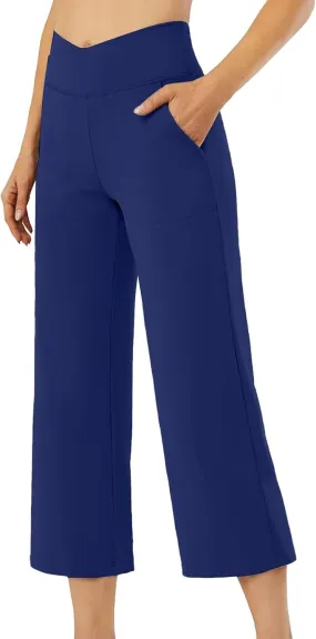 Capri Pants for Women Trendy Wide Leg Yoga Dress Capris with Pockets Cross Loose Casual Work Crop Pants