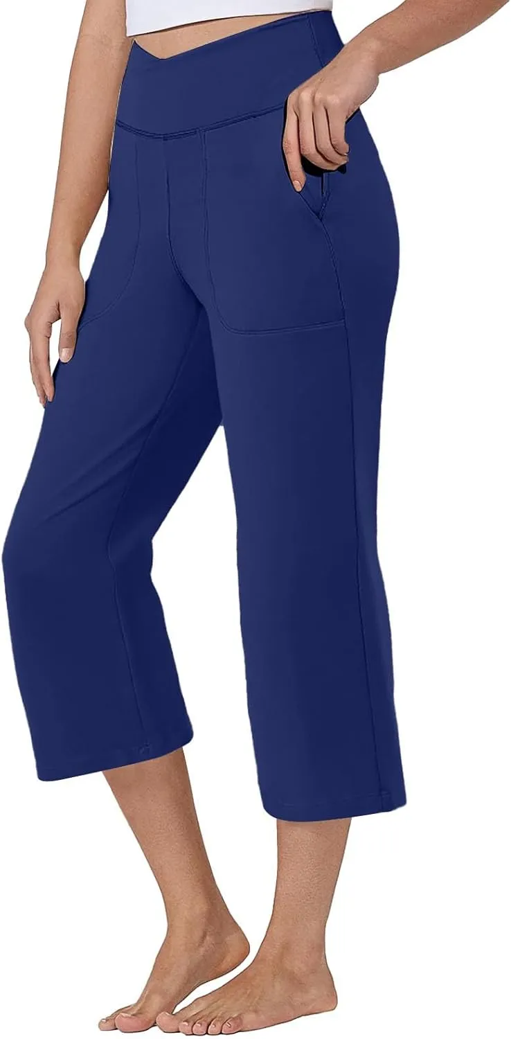 Capri Pants for Women Trendy Wide Leg Yoga Dress Capris with Pockets Cross Loose Casual Work Crop Pants