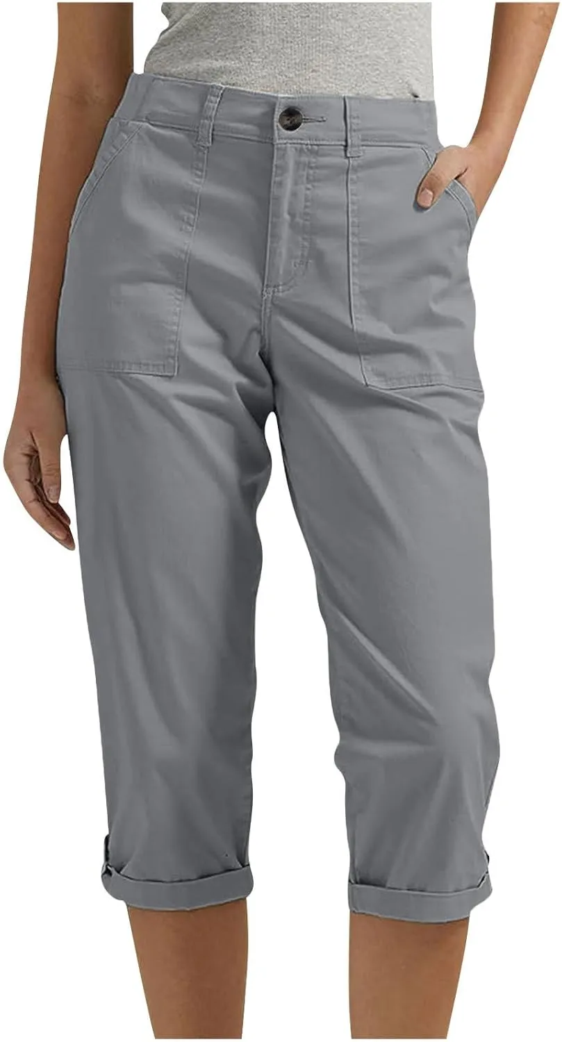 Cargo Capri Pants for Women Dressy Casual High Waisted Capris Summer Loose Elastic Waist Cropped Trouser with Pockets