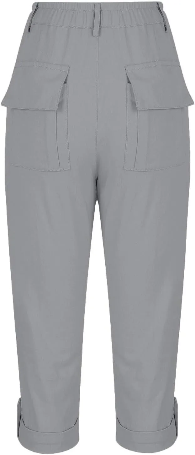 Cargo Capri Pants for Women Dressy Casual High Waisted Capris Summer Loose Elastic Waist Cropped Trouser with Pockets