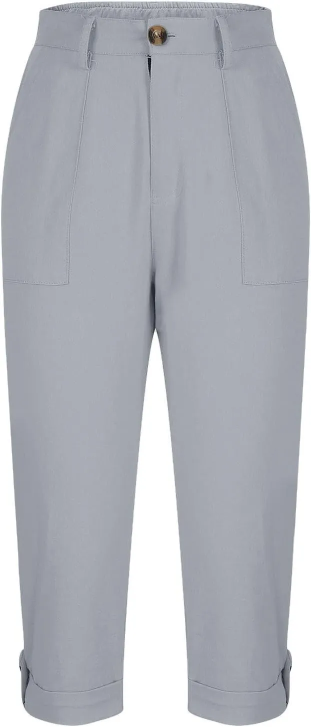 Cargo Capri Pants for Women Dressy Casual High Waisted Capris Summer Loose Elastic Waist Cropped Trouser with Pockets
