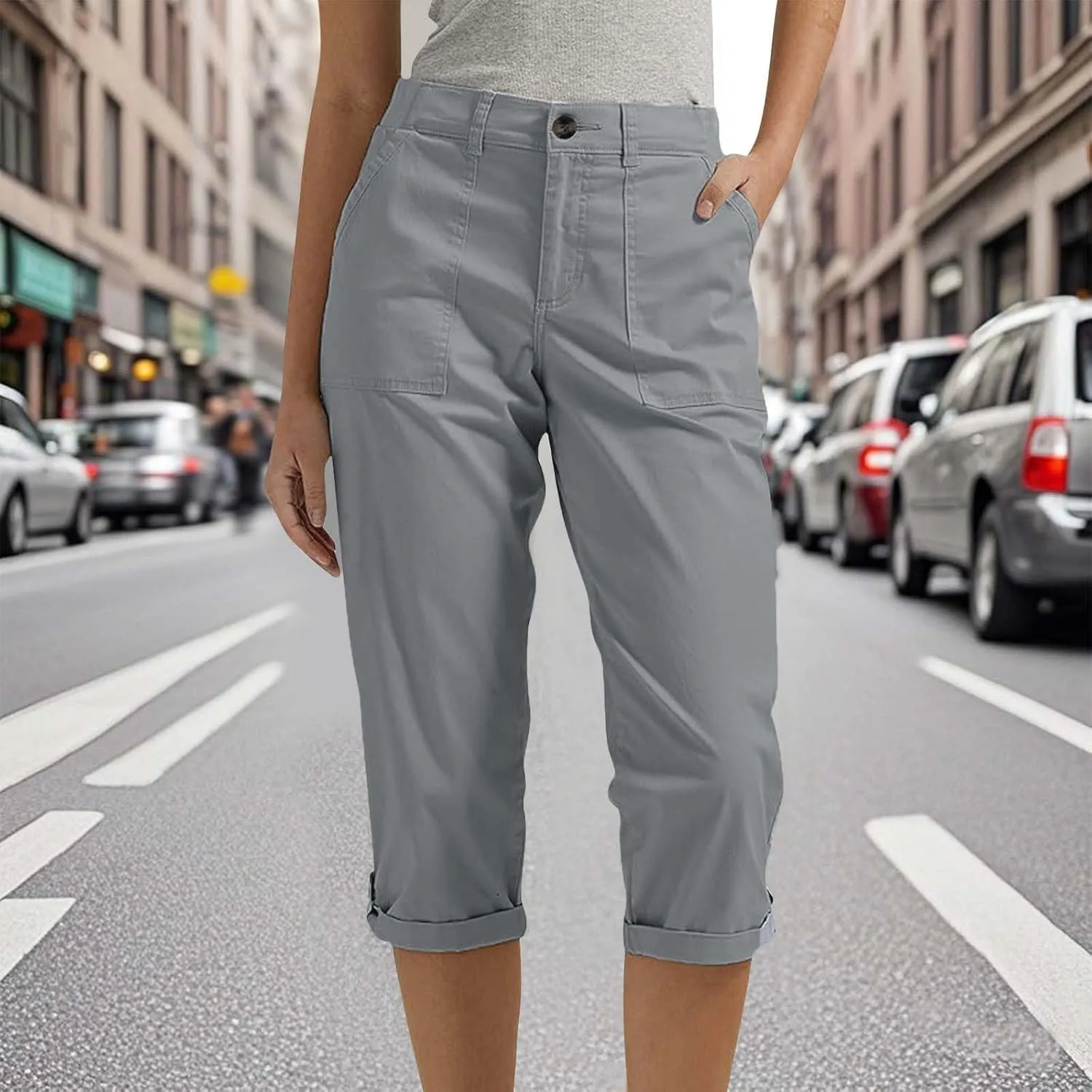 Cargo Capri Pants for Women Dressy Casual High Waisted Capris Summer Loose Elastic Waist Cropped Trouser with Pockets