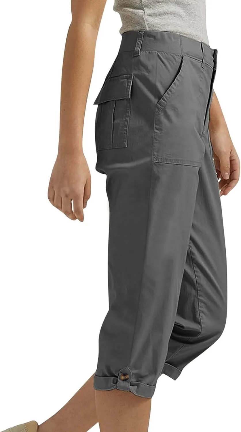 Cargo Capri Pants for Women Dressy Casual High Waisted Capris Summer Loose Elastic Waist Cropped Trouser with Pockets