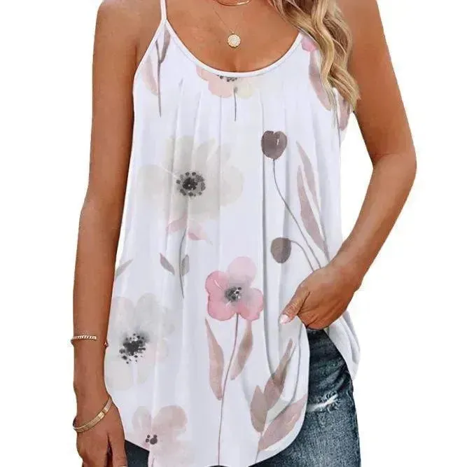 Casual Round Neck Pullover Digital Printing Women's Top Strappy T-shirt