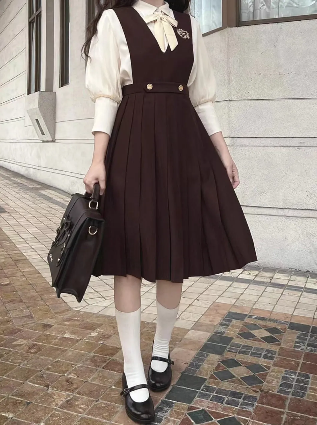 College Vest Skirt Chiffon   Shirt Style Cream Accessories Inner Ribbon V-Neck