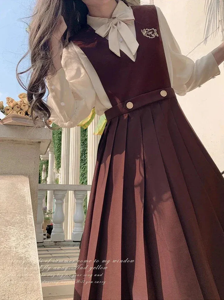 College Vest Skirt Chiffon   Shirt Style Cream Accessories Inner Ribbon V-Neck