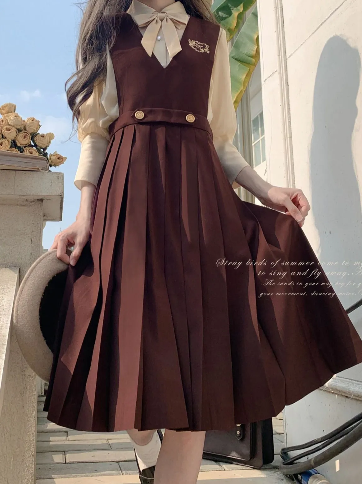 College Vest Skirt Chiffon   Shirt Style Cream Accessories Inner Ribbon V-Neck
