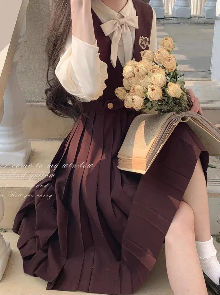 College Vest Skirt Chiffon   Shirt Style Cream Accessories Inner Ribbon V-Neck