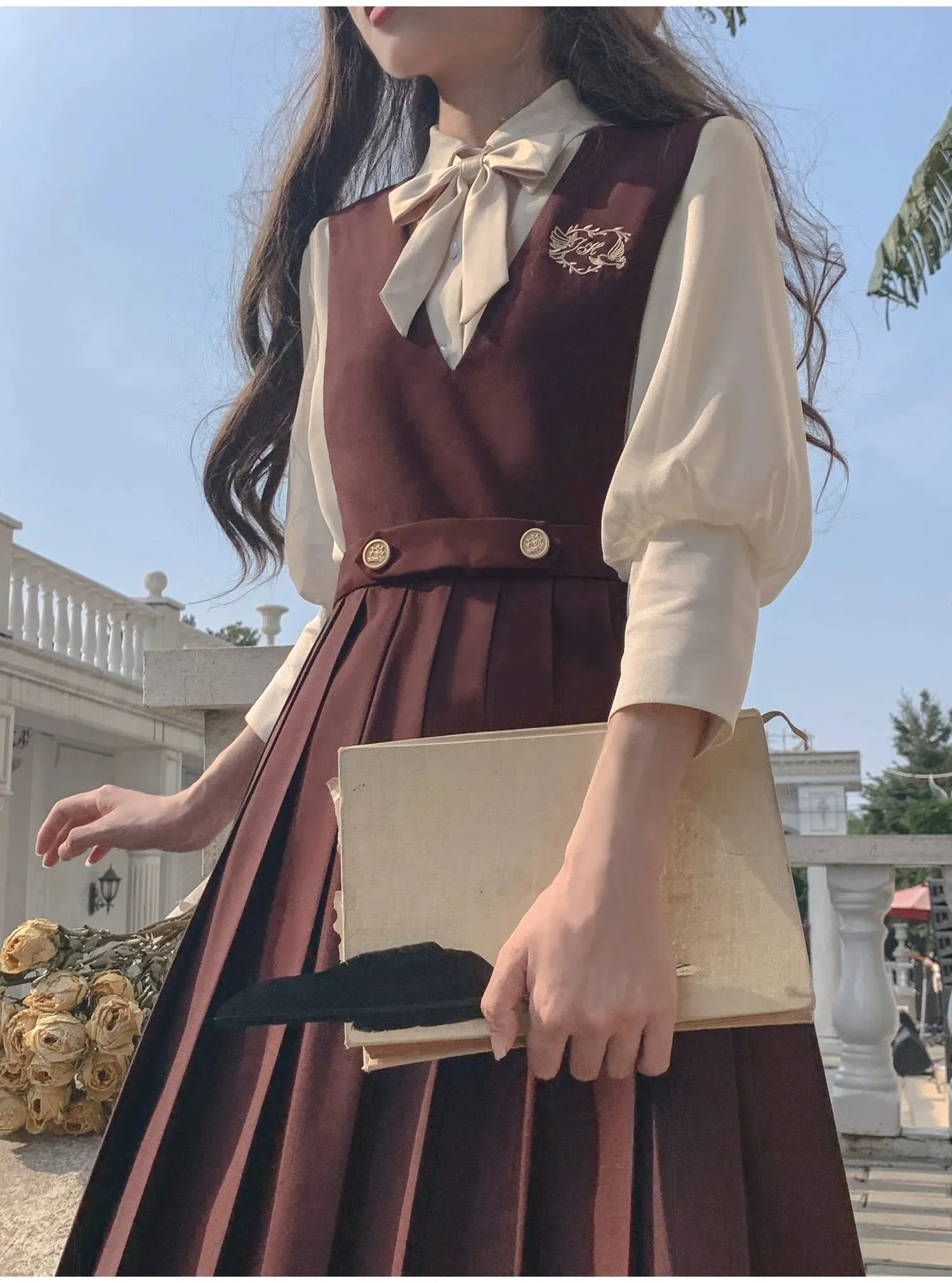 College Vest Skirt Chiffon   Shirt Style Cream Accessories Inner Ribbon V-Neck