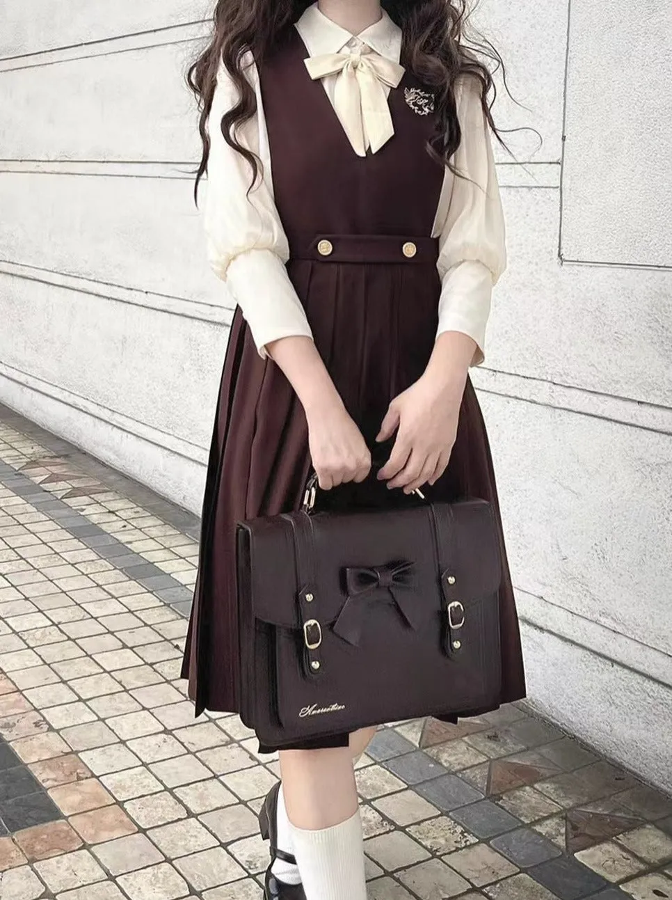 College Vest Skirt Chiffon   Shirt Style Cream Accessories Inner Ribbon V-Neck