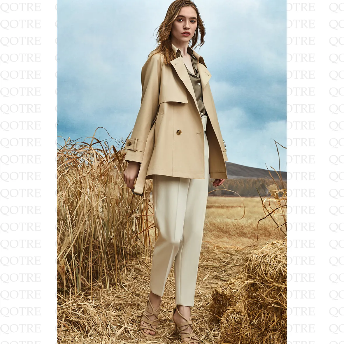 Cropped Belted Plain Trench Coat
