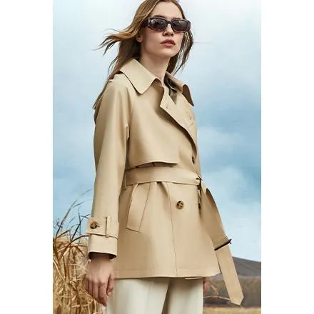 Cropped Belted Plain Trench Coat
