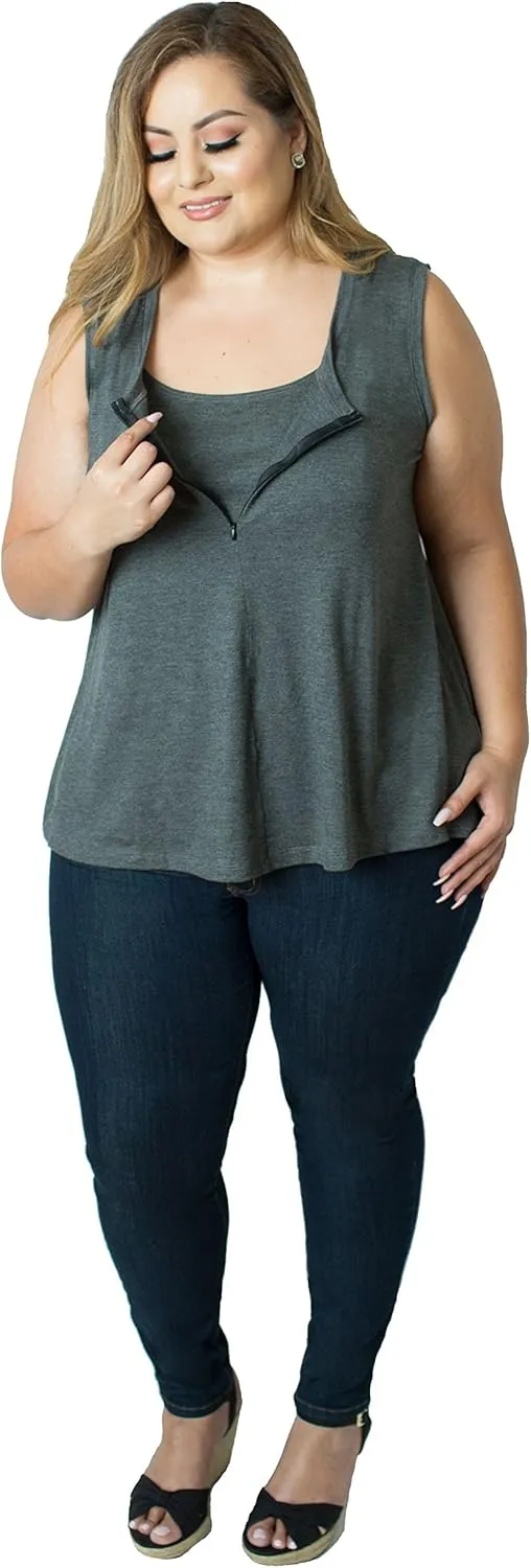 Curvy Plus Size 'Camille' Front Zip Nursing and Pumping Tank - Stylish, Simple and Discreet