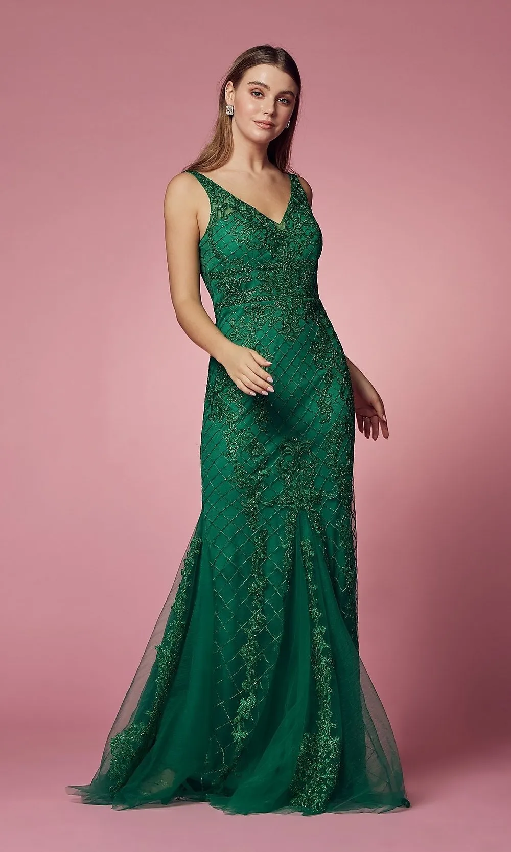 Deep V-Back Long Prom Dress with Beaded Embroidery