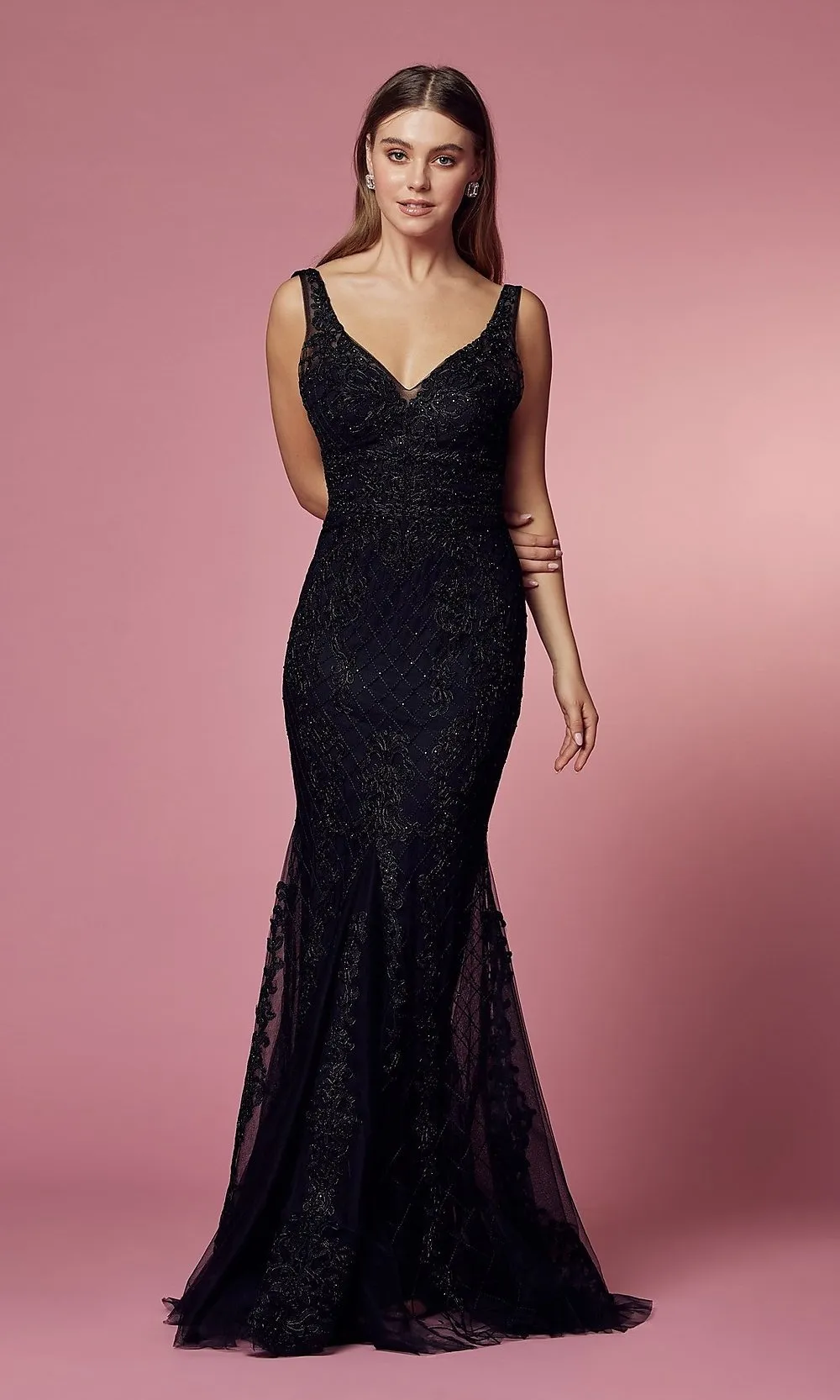 Deep V-Back Long Prom Dress with Beaded Embroidery