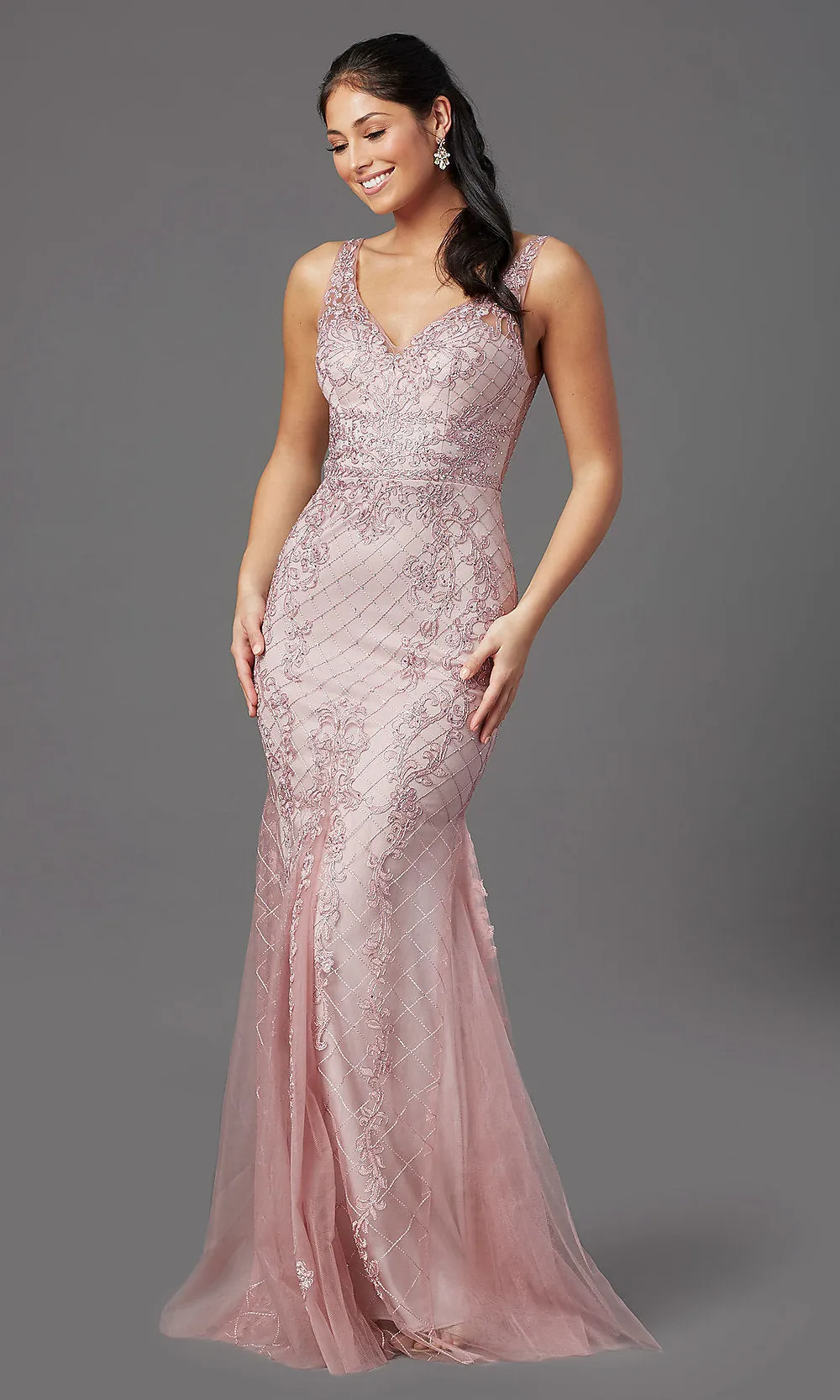 Deep V-Back Long Prom Dress with Beaded Embroidery