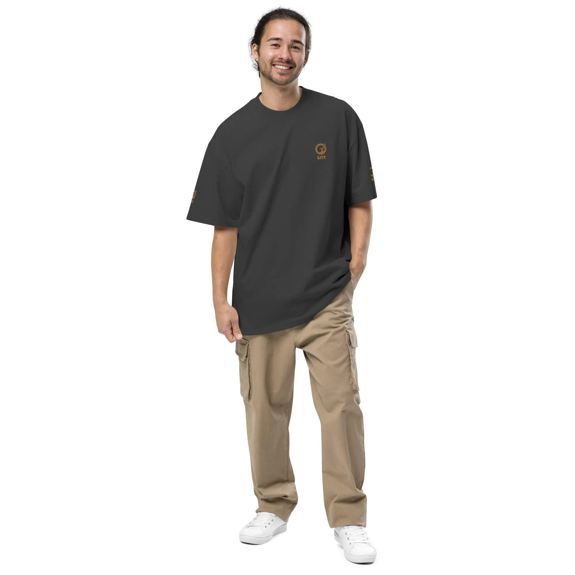 Embroidered Carded Cotton Oversized faded T-Shirt - Faded Black