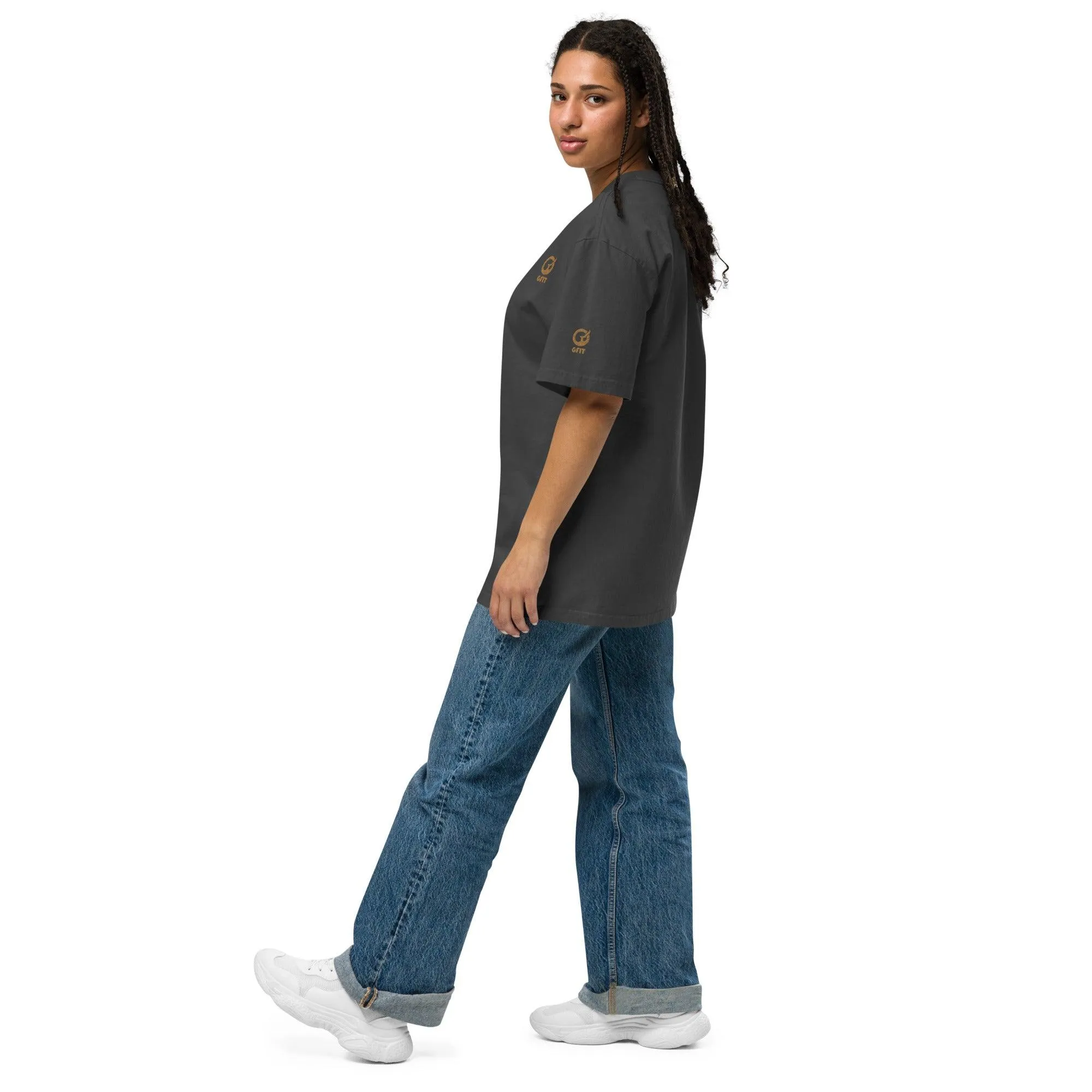 Embroidered Carded Cotton Oversized faded T-Shirt - Faded Black