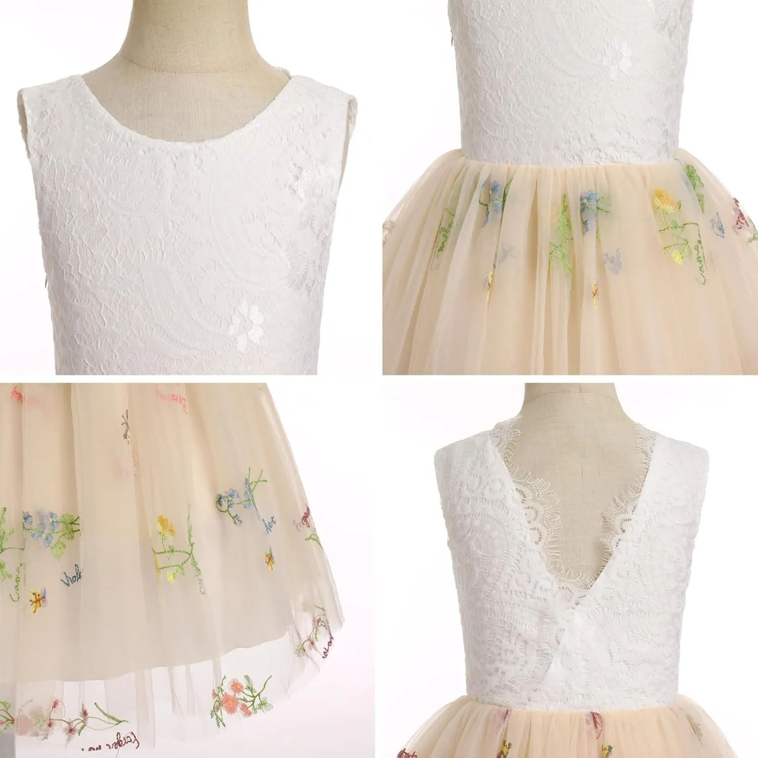 Flower Girl Dress Princess Sleeveless Floral Embroidered Kids Summer Wedding Pageant Birthday Tutu Tulle Dress