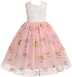 Flower Girl Dress Princess Sleeveless Floral Embroidered Kids Summer Wedding Pageant Birthday Tutu Tulle Dress