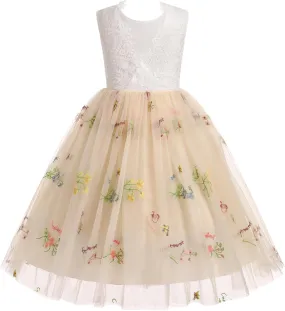 Flower Girl Dress Princess Sleeveless Floral Embroidered Kids Summer Wedding Pageant Birthday Tutu Tulle Dress