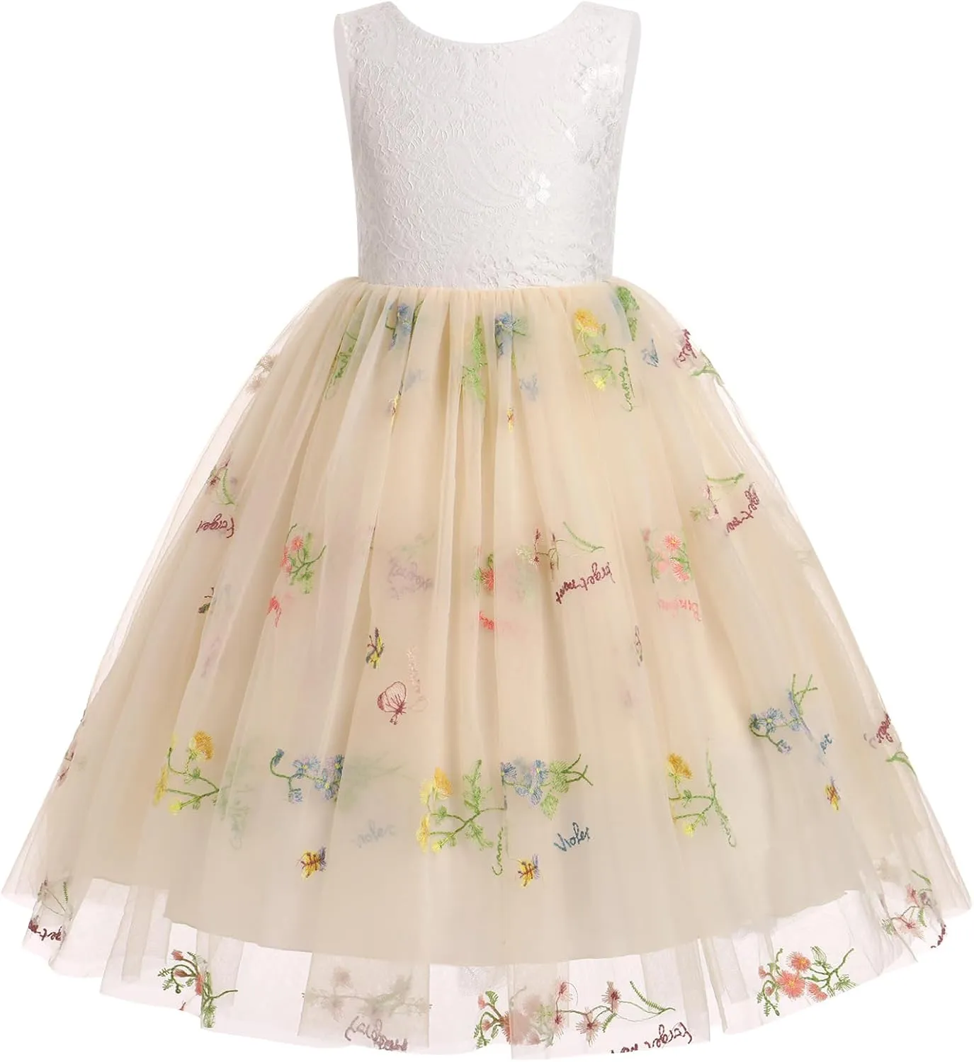 Flower Girl Dress Princess Sleeveless Floral Embroidered Kids Summer Wedding Pageant Birthday Tutu Tulle Dress