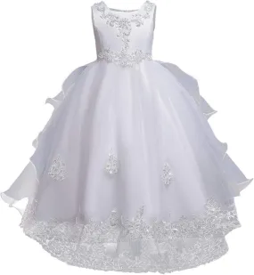 Girls Princess Tulle Lace Flower Pageant Dress Puffy Floor Length Wedding Bridesmaid Dress Party Tutu Maxi Gown
