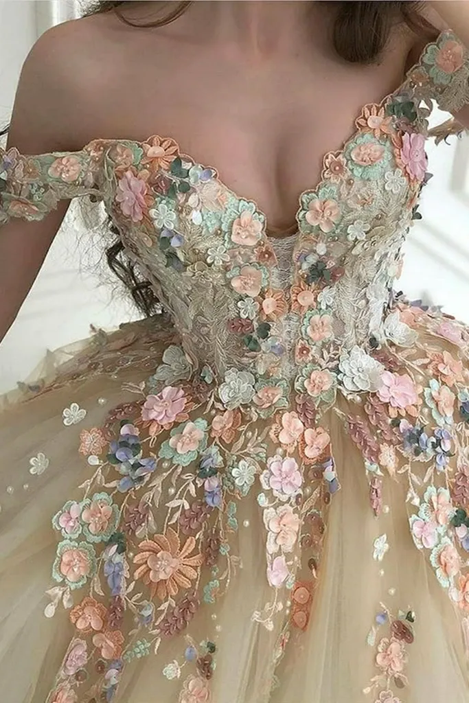 Gorgeous Off Shoulder Champagne Lace Floral Prom Dress, Long 3D Flower Champagne Formal Evening Dress, Champagne Ball Gown KS2451