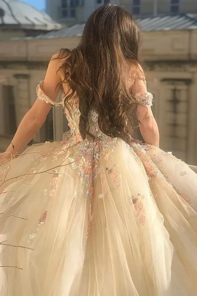 Gorgeous Off Shoulder Champagne Lace Floral Prom Dress, Long 3D Flower Champagne Formal Evening Dress, Champagne Ball Gown KS2451