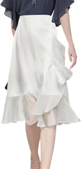 Hdhdeueh Women High Waist Satin Chiffon Skirt Mid-Length Flowing Ruffle White Casual Office Skirts
