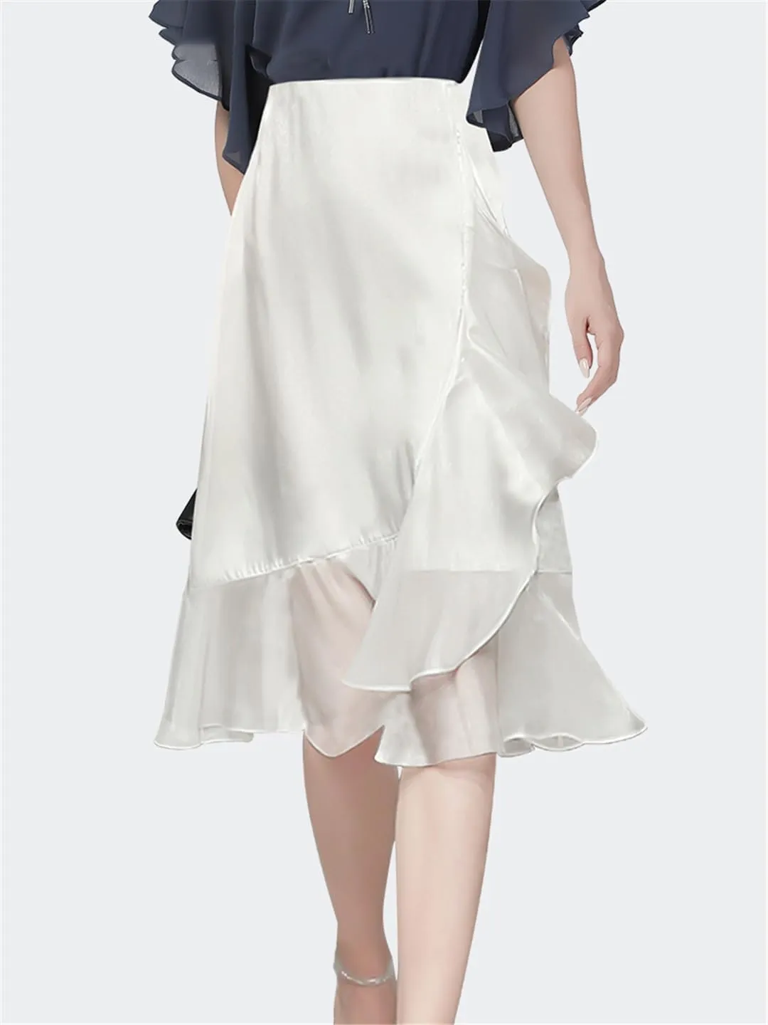 Hdhdeueh Women High Waist Satin Chiffon Skirt Mid-Length Flowing Ruffle White Casual Office Skirts