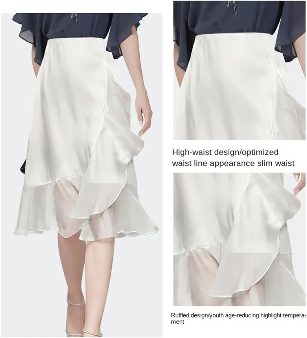 Hdhdeueh Women High Waist Satin Chiffon Skirt Mid-Length Flowing Ruffle White Casual Office Skirts