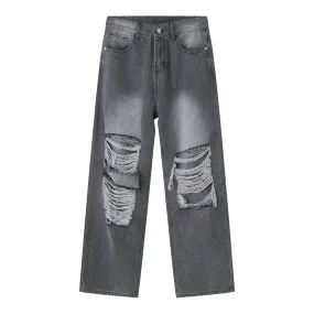 High Street Style Men's Ripped Jeans Trend Loose Hole Straight Wide Leg Pants Male Solid Color Denim Trousers 9A7544