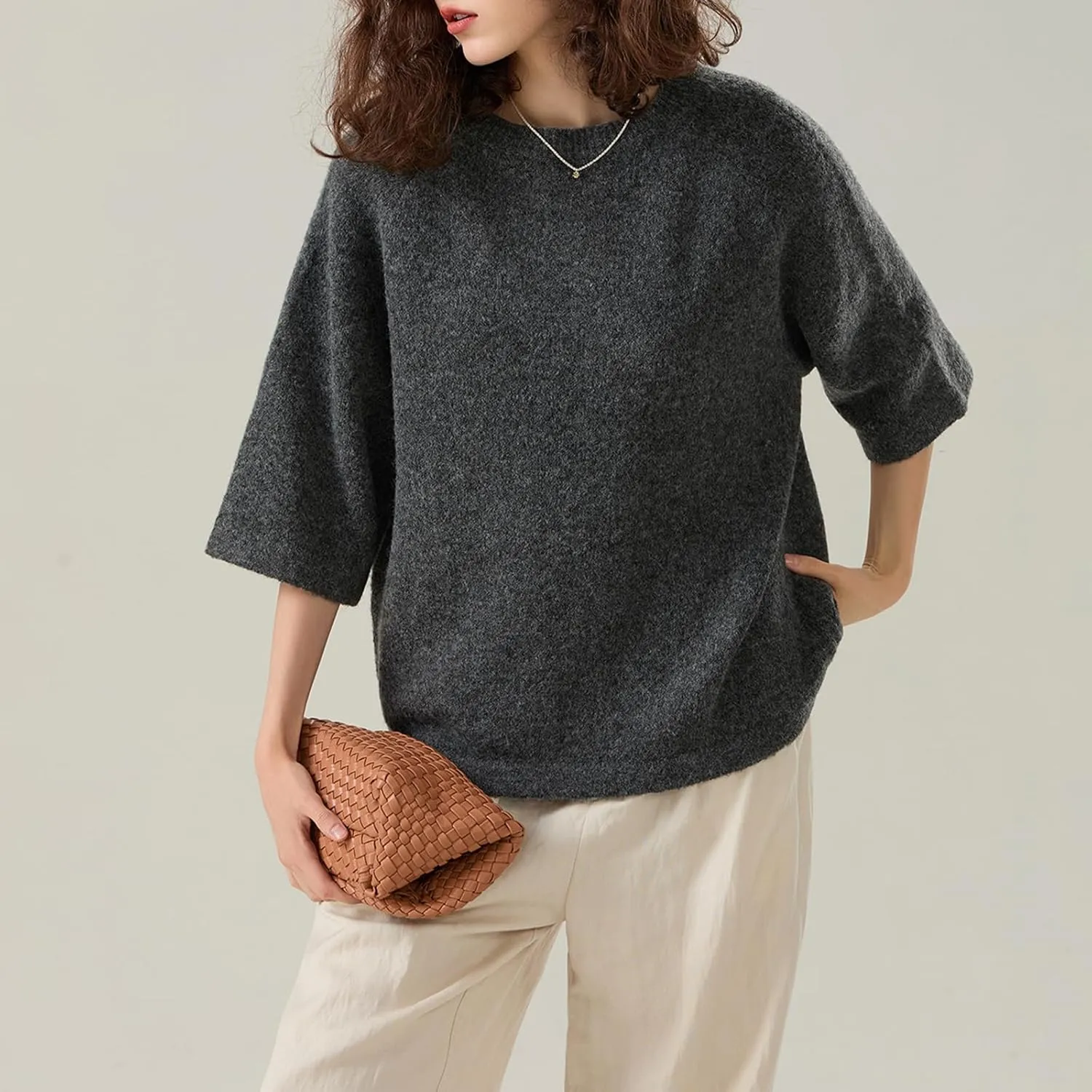 ICNGLKSND Women Half Sleeve Oversized Sweater Basic Furry Knit Shirt Boxy Cashmere Tees Fall Chunky Going Out Streetwear
