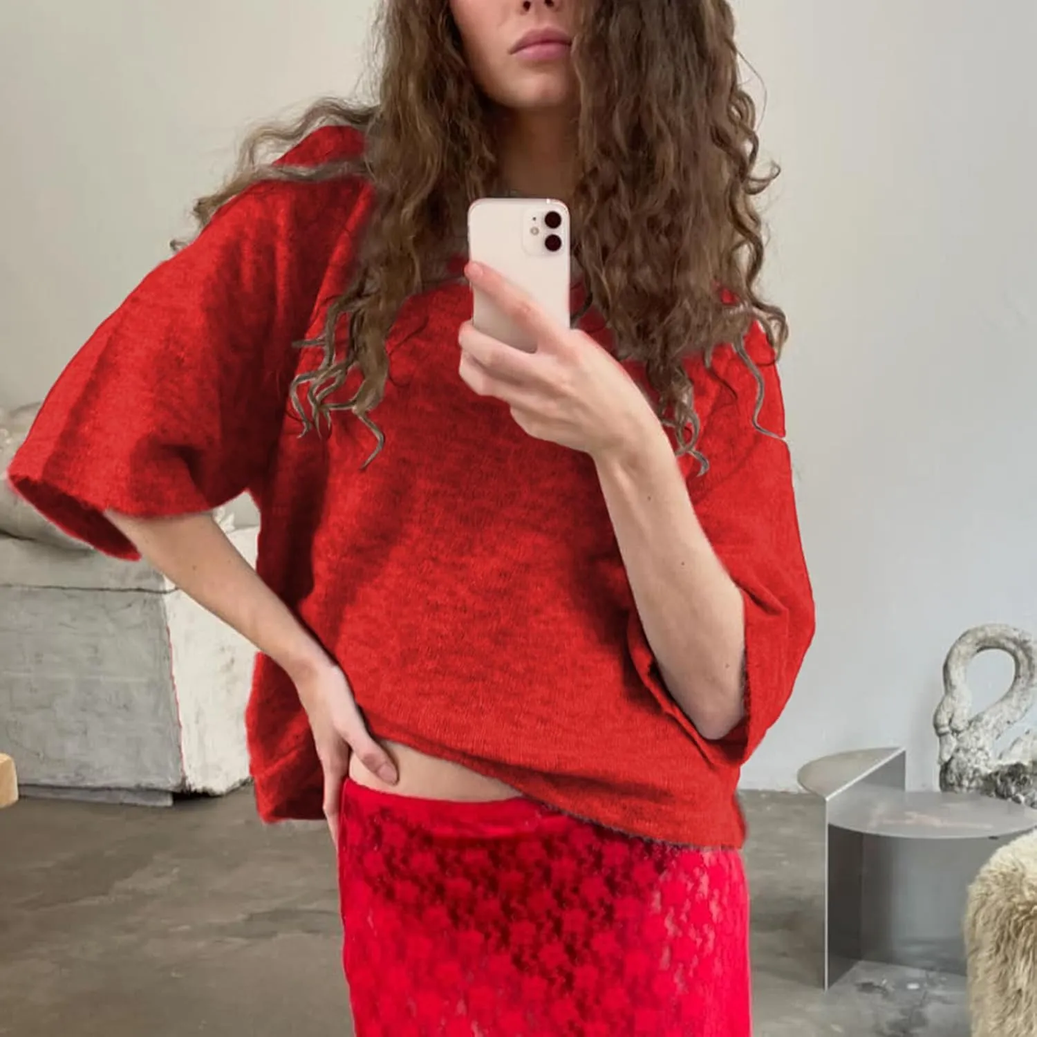 ICNGLKSND Women Half Sleeve Oversized Sweater Basic Furry Knit Shirt Boxy Cashmere Tees Fall Chunky Going Out Streetwear