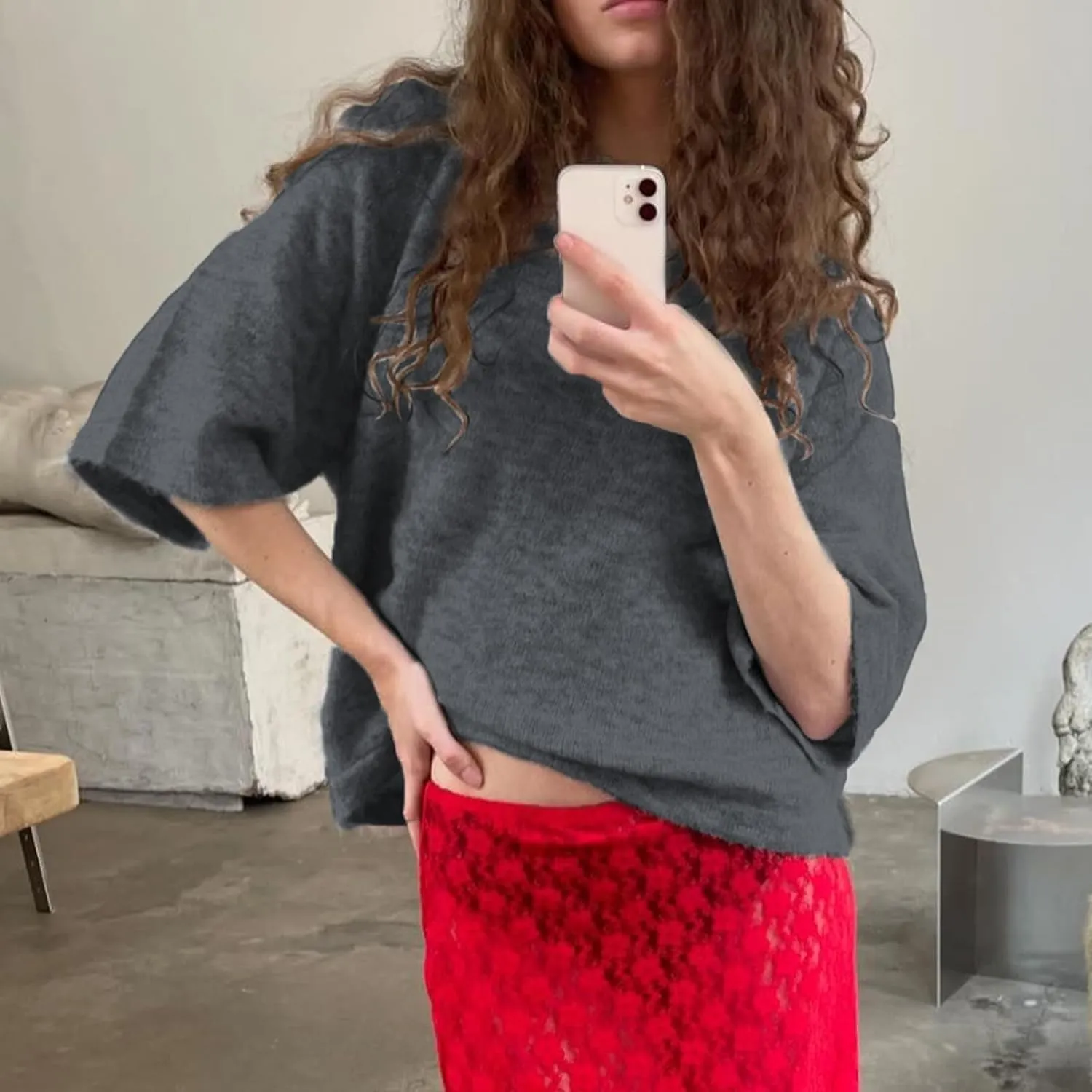 ICNGLKSND Women Half Sleeve Oversized Sweater Basic Furry Knit Shirt Boxy Cashmere Tees Fall Chunky Going Out Streetwear