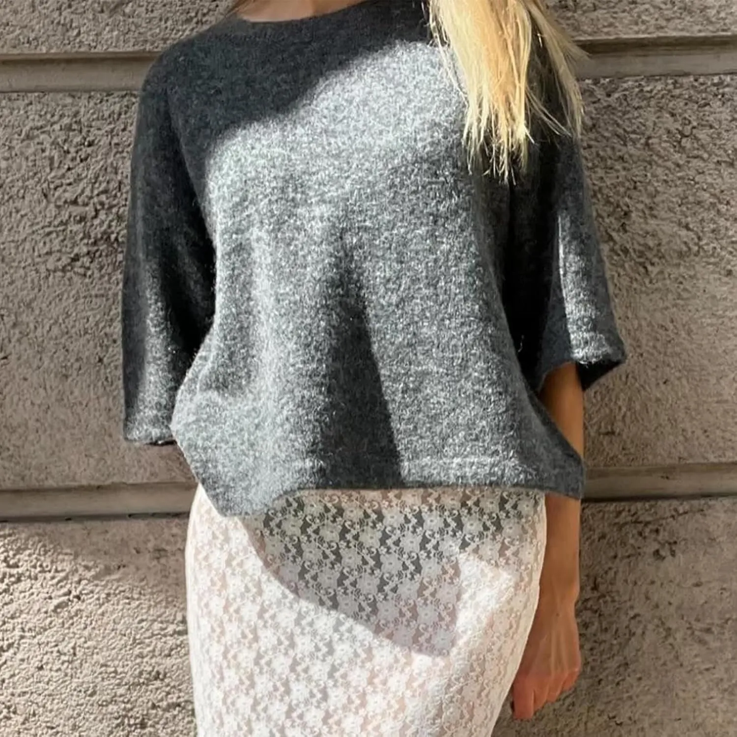 ICNGLKSND Women Half Sleeve Oversized Sweater Basic Furry Knit Shirt Boxy Cashmere Tees Fall Chunky Going Out Streetwear