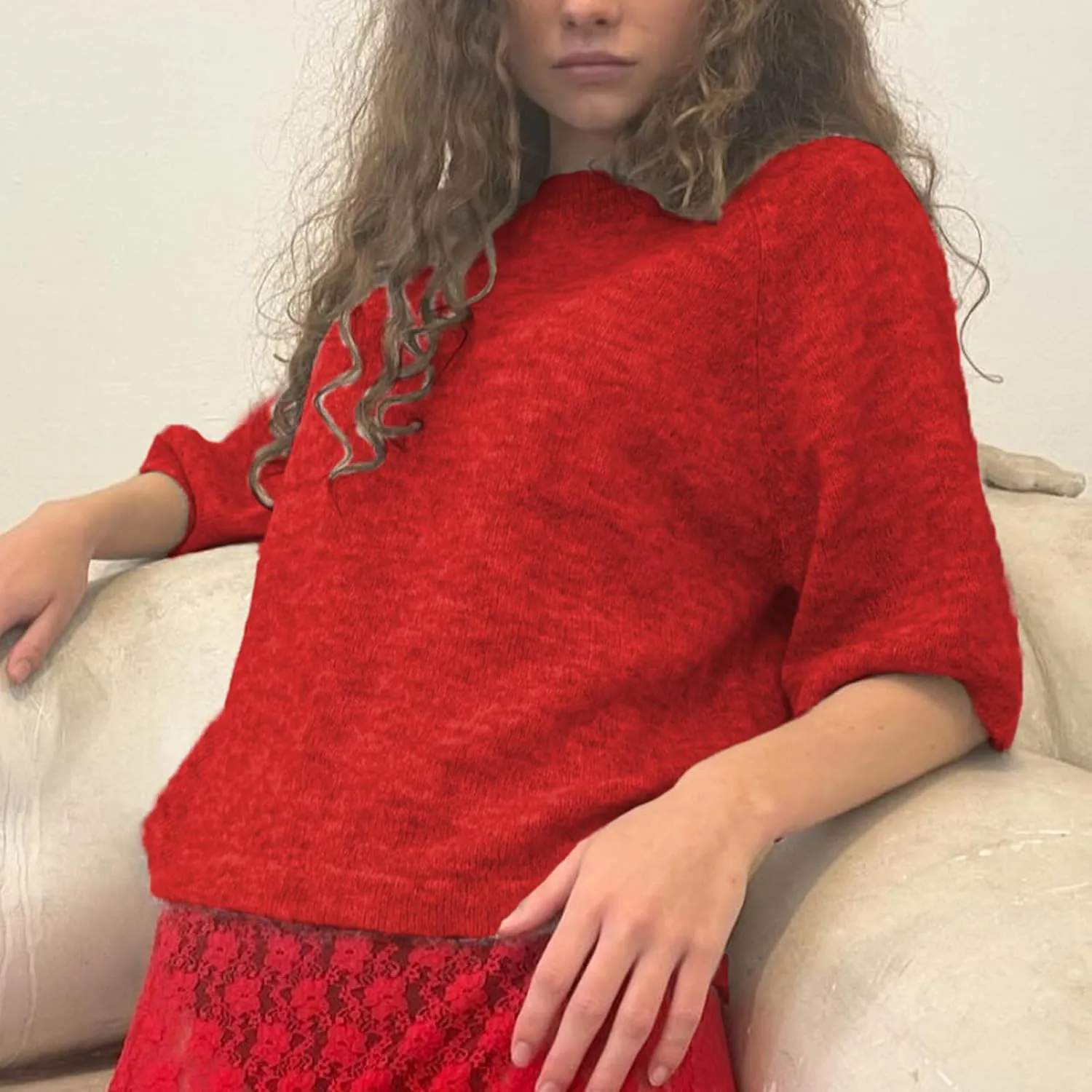 ICNGLKSND Women Half Sleeve Oversized Sweater Basic Furry Knit Shirt Boxy Cashmere Tees Fall Chunky Going Out Streetwear