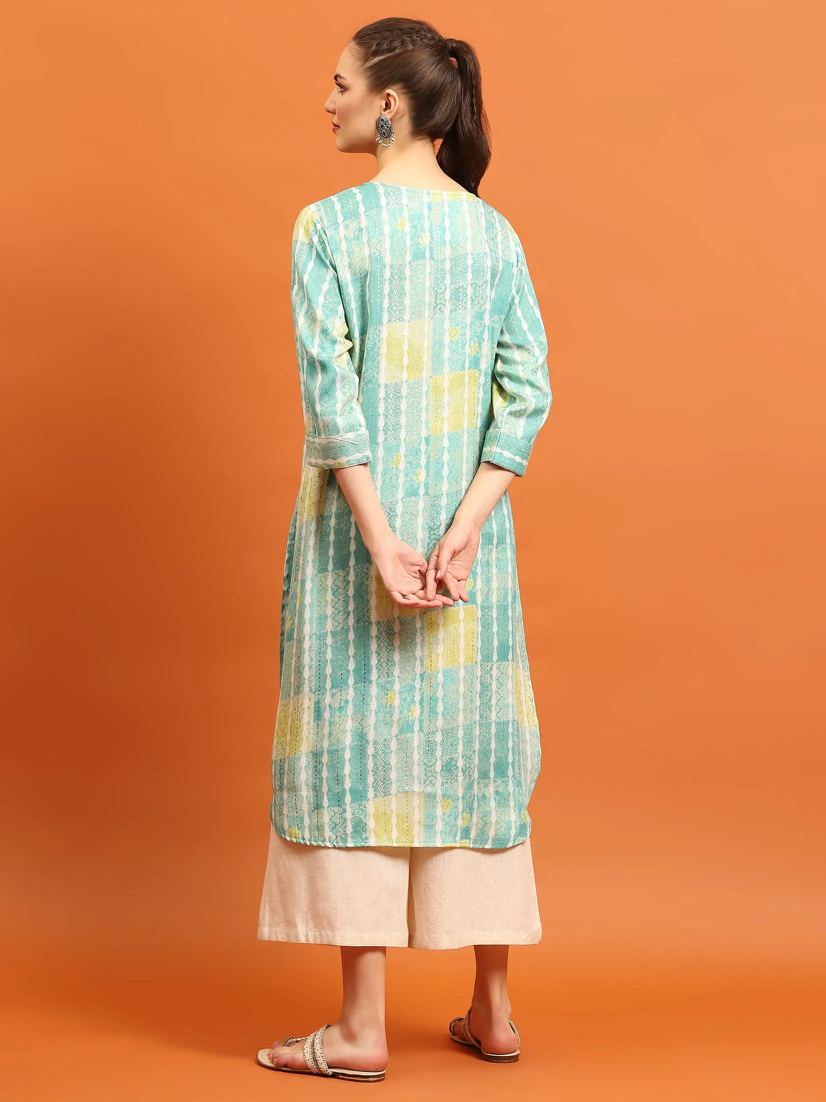 Indiessence Women Teal Tie Dye Printed Kurta